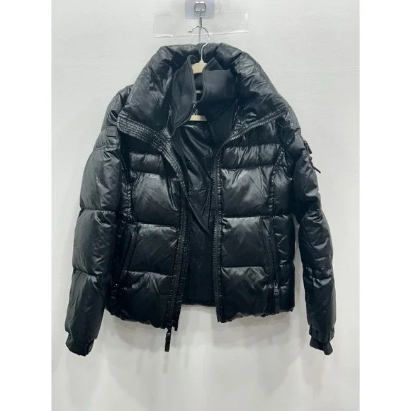 SAM‎ New York Black Quilted Down Puffer Jacket Womens 12 Cropped Zip Winter Coat - Picture 2 of 14
